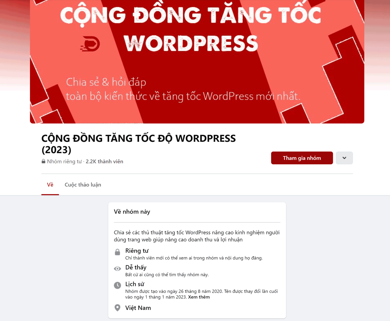 Facebook nhóm kín cộng đồng tăng tốc độ WordPress 2024